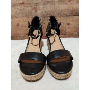ESPRIT ROMY BLACK Vegan Leather Wedges Stud Ankle Strap Espadrilles Shoe Sz 10